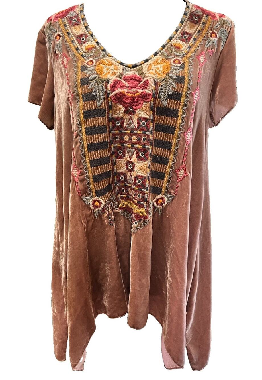 JW Johnny Was Los Angeles Brown Embroidered Boho Velvet Tunic Vneck Top Size XS